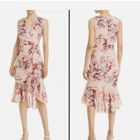 Eliza J Dresses & Skirts - Eliza J NWT Sleeveless Floral Ruched Chiffon Faux Wrap Dress in Blush